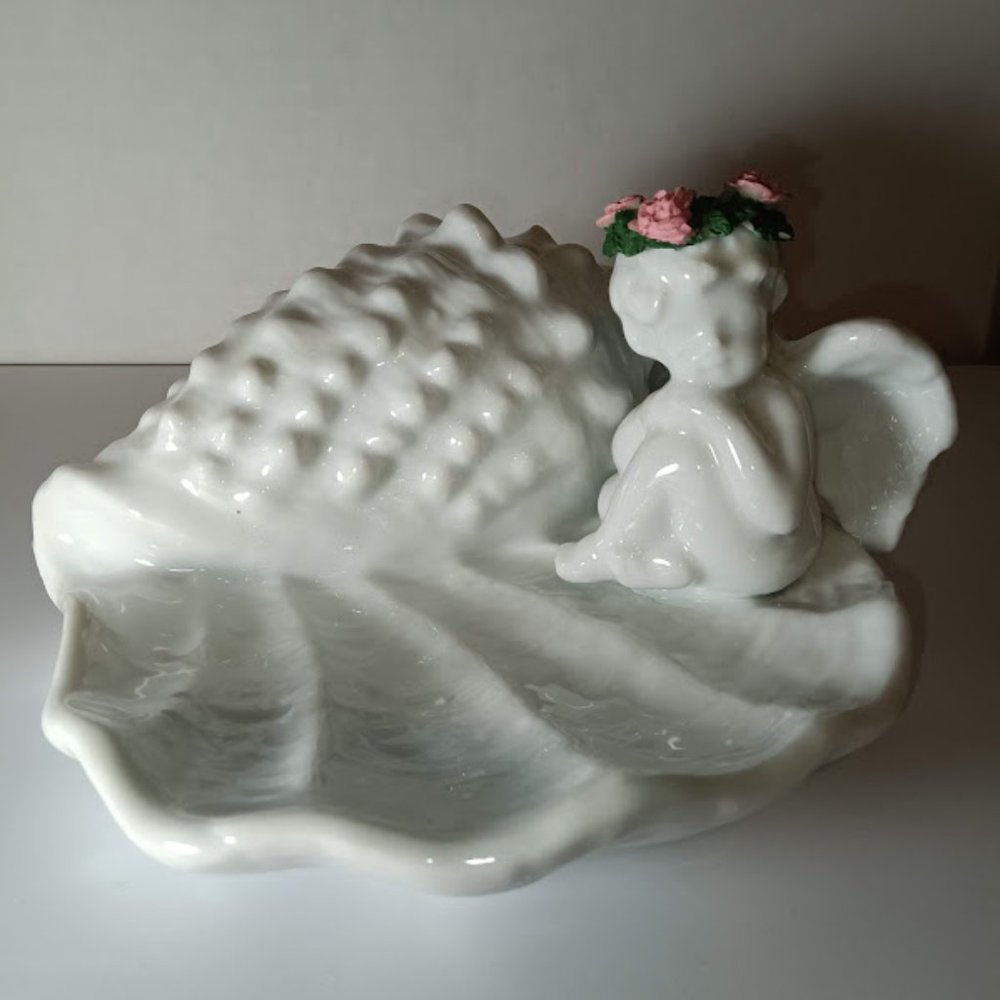 White Ceramic Seashell Dish with Cherub and Pink Flower Accent